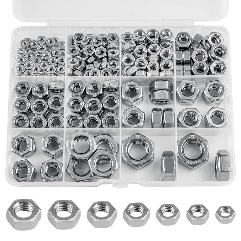 Vmuter Hex Nuts, 237 Pack M3 M4 M5 M6 M8 M10 M12 304 (A2-70) Stainless Steel Hardware Nuts,Standard Inch Coarse Thread Nuts - Image 1